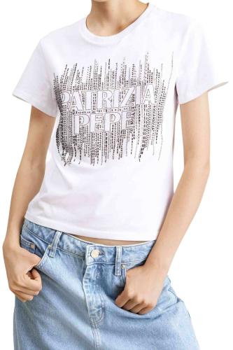 Patrizia Pepe γυναικείο T-shirt μονόχρωμο με σχέδιο με rhinestones και ανάγλυφο λογότυπο - 2M4341 Λευκό XL